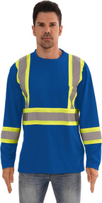 Hi Vis Safety Long Sleeve Shirts，High Visibility Class 3 T Shirts with Reflective Strips and Pocket, Quick Dry Mesh Construction Work Shirt for Men/Women (Blue,XL)