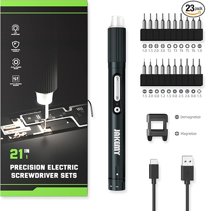 Compact Electric Screwdriver Set, JAKEMY Adjustable 3 Torque Cordless Screwdriver Set for Phone, Rechargeable Mini Power Screwdriver Kit for Electronics Repair with Shadowless LED Lamp