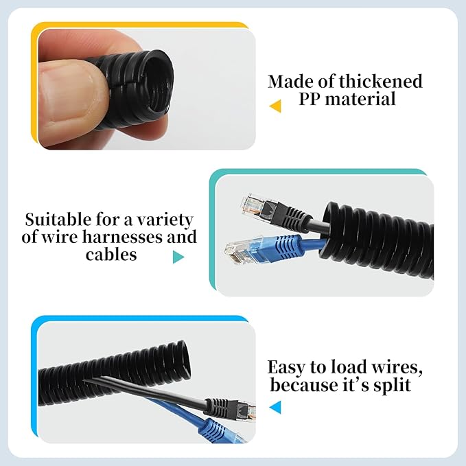 Split Loom Wire 1/4" X 50ft, 1/2" X 50 ft, 3/8" X 50 ft Electric Wires Covers Flexible Wire Loom Tubing Dog Cat Cord Protector Split Cable Sleeves (50ft)