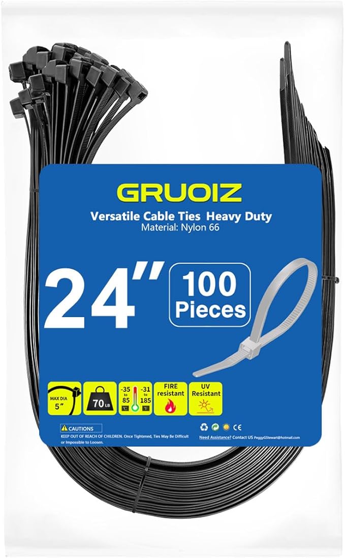 100 Pack Zip Ties 24 Inch Long Cable Ties Heavy Duty 70 Pounds Tensile Strength, Premium Plastic Wire Ties Straps Self-Locking Black Nylon Ties Wraps for Indoor and Outdoor