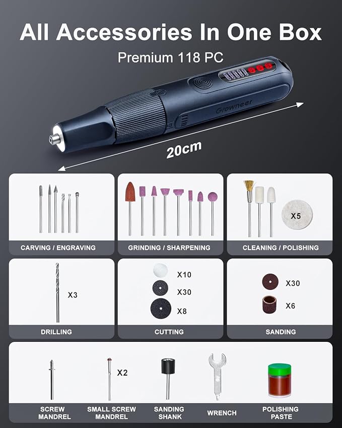 GROWNEER Mini Cordless Rotary Tool Kit, 8V Rechargeable Rotary Tool, 5 Speeds, 117 Pcs Multi-Purpose Power Brushless Rotary Tool with Lights for Polishing, Sanding, Drilling, Engraving, DIY, Pet Nails