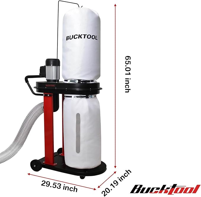 BUCKTOOL 1.2 HP Auto Start 750CFM Dust Collector with 3 Dust Collection Bag, 5.4 Cubic Bag Capacity and 5 PCS Reducer for Woodworking