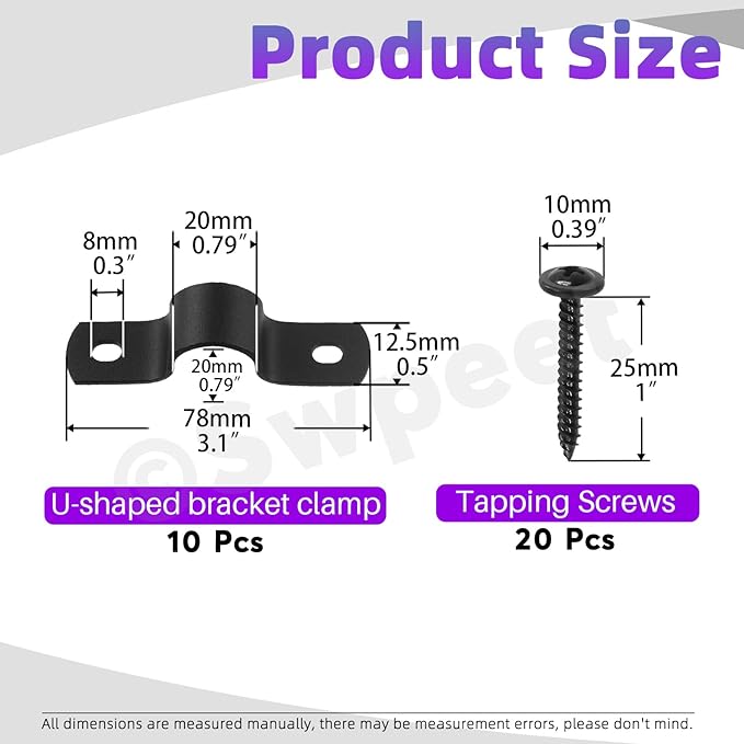 Swpeet 10Pcs 15mm Two Hole U Bracket Clamp with 20Pcs Self-tapping Screws Kit, U-Clamps, Metal Pipe Clamps, Pipe Strap Clamps, Conduit Tension Clips for Fixing Pipe or Cable