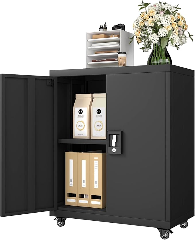 GREATMEET Metal Storage Cabinet with Locking Doors and Adjustable Shelves,31.5" H Lockable Rolling Garage Storage Cabinets with Wheels for Office,Home,Garage,Classroom Black