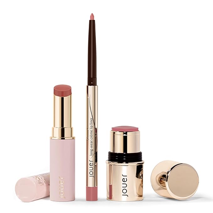 Jouer Bare Rose Collection - Blush Stick, Cream Lip Liner, Lip Plumping Balm Kit - Face Makeup in Rose Shades - Hydrating Formulas for Long Wear