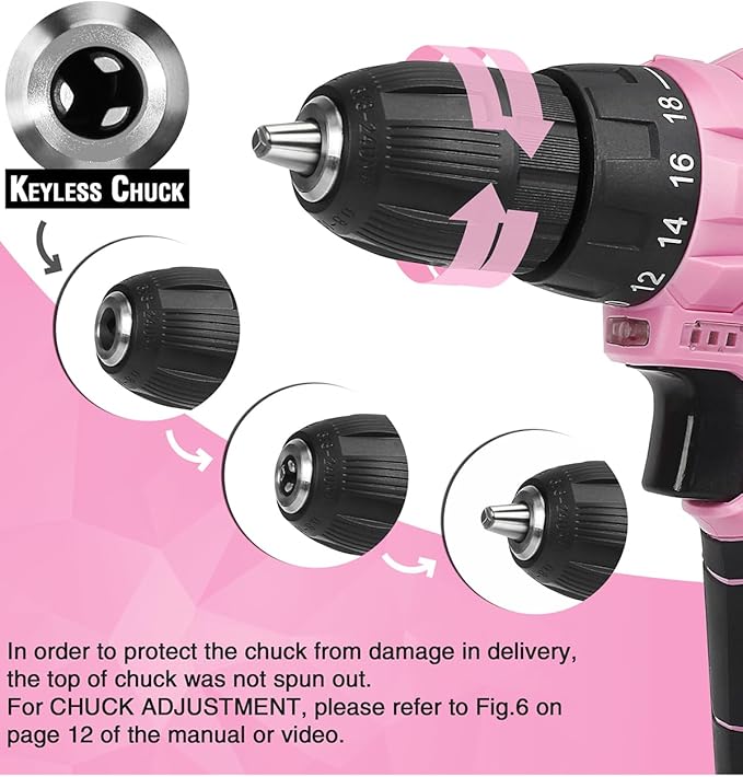 WORKPRO Pink Cordless Drill Driver Set, 12V Electric Screwdriver Driver Tool Kit, 3/8" Keyless Chuck, Charger and Storage Bag Included - Pink Ribbon