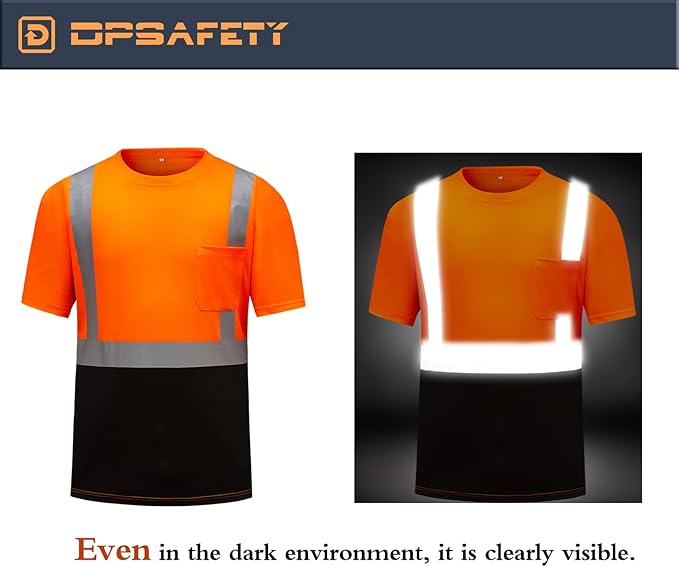 High Visibility Shirts Quick Dry Safety T Shirts with Reflective Strips and Pocket Short Sleeve Mesh Hi Vis Construction Work Class 2 Shirt for Men/Women Black Bottom Orange,XL