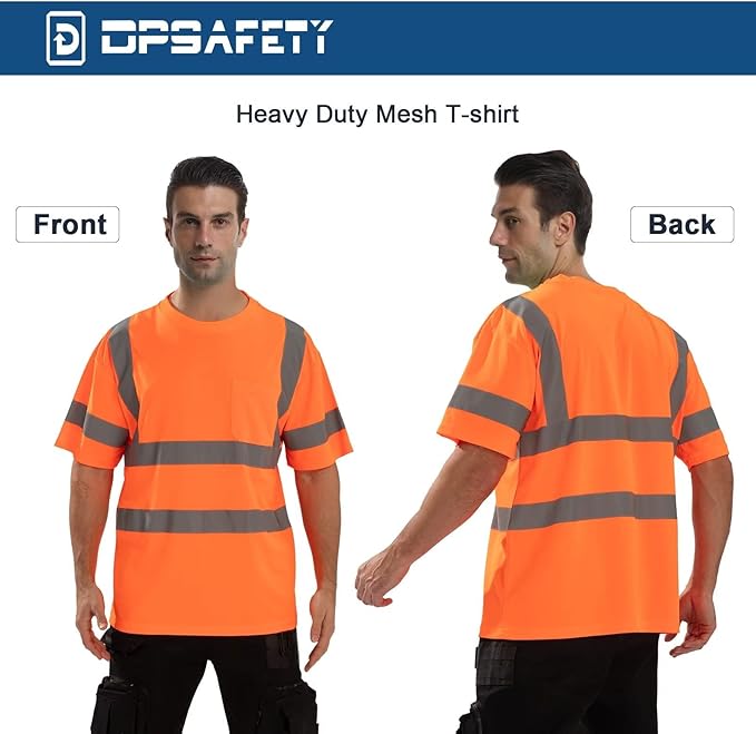 High Visibility Class 3 T Shirts，Hi Vis Safety Shirts with Reflective Strips and Pocket, Short Sleeve Quick Dry Mesh Construction Work Shirt for Men/Women Orange,4XL