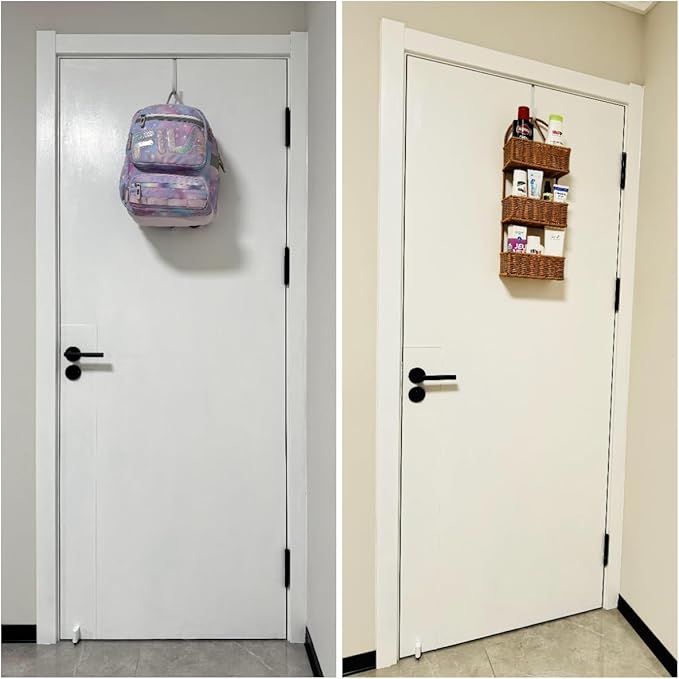 Over the Door Hooks 4Pcs L=5.5" Fit 1 3/8" Door Steel with White Rubber Coating Hanging Towel Robe Clothing Hanger for Bathroom Room Wreath Ironing Board Holder Cute Thin Single Heavy Duty