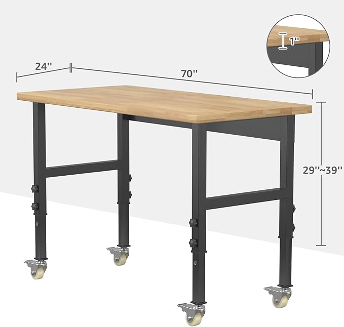 48" Adjustable Workbench,Heavy-Duty Work Table,3000 LBS Load Capacity Hardwood Workstation with Wheels,for Workshop, Garage