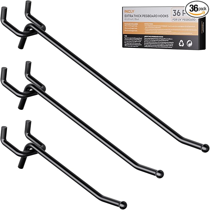 INCLY 36 Pack 4/6/8 Inch Black Pegboard Hooks, 1/4" Heavy Duty Peg Board Shelving Hooks Accessories, Peg Board Tool Hangers Fit 1/4" Pegboard for Organizing Garage, Craft Room, Kitchen, Store