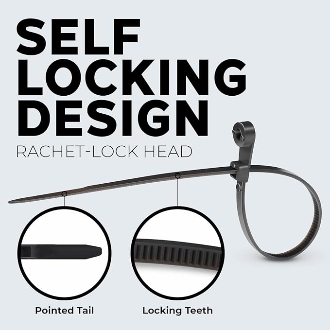 BEST CONNECTIONS Black Cable Ties – 1,000 Pcs Cable Zip Ties 8 Inch with Screw Down Hole for Mounting- Strong Nylon Wire Ties with 50 Lbs Tensile Strength – Cable Management Ties for Outdoor & Indoor