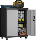 Metal Garage Storage Cabinet with Wheels,31.89" H Steel Lockable Cabinet with 2 Doors and 1 Adjustable Shelf, Small Rolling Cabinets for Home Office, Garage, BlackGrey