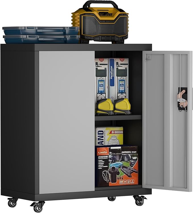 Metal Garage Storage Cabinet with Wheels,31.89" H Steel Lockable Cabinet with 2 Doors and 1 Adjustable Shelf, Small Rolling Cabinets for Home Office, Garage, BlackGrey