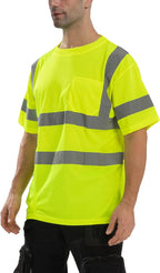 High Visibility Class 3 T Shirts，Hi Vis Safety Shirts with Reflective Strips and Pocket, Short Sleeve Quick Dry Mesh Construction Work Shirt for Men/Women Lime,Medium