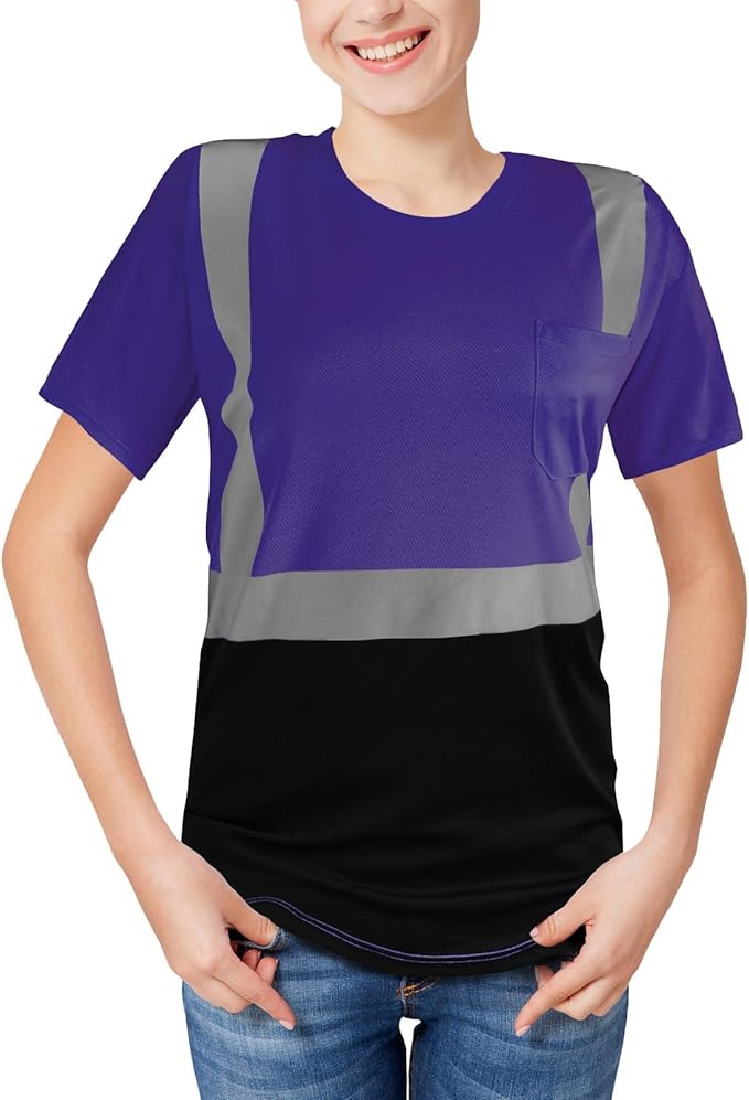 High Visibility Shirts Quick Dry Safety T Shirts with Reflective Strips and Pocket Short Sleeve Mesh Hi Vis Construction Work Class 2 Shirt for Men/Women Black Bottom Purple,XL