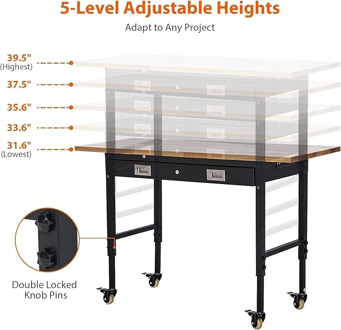 60" Heavy Duty Adjustable Workbench with Drawer Storage, Large Pegboard & Strip Light - 2000 LBS Capacity, 4 Lockable Casters for Garage, Workshop, Home