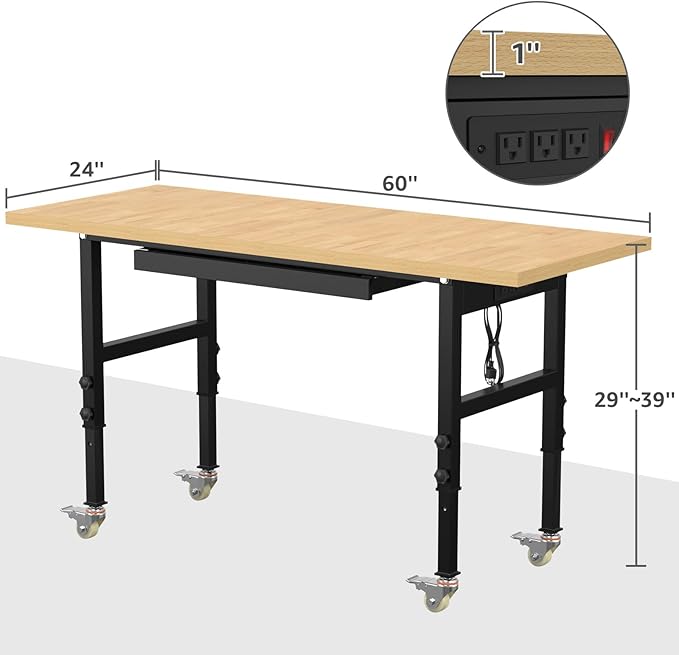 60" Adjustable Workbench,Heavy-Duty Work Table,3000 LBS Load Capacity Particleboard Hardwood Workstation Outlets with Power Strips, Drawers and Wheels,for Workshop, Garage