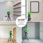 Laser Level 360 Self Leveling with 47" Tripod, Huepar 3x360° High Brightness Green Laser Leveler Tool for Construction, Tile and Picture Hanging, 5200 mAh Li-ion Battery & 2 Portable Bag Included