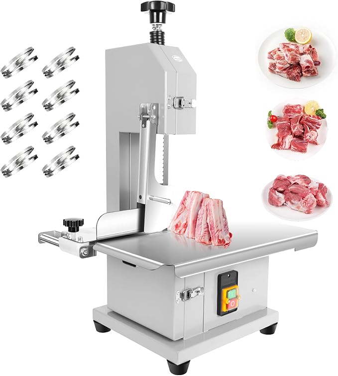 1800W Commercial Electric Bone Saw Machine, 0-7.8 Inch Cutting Thickness, 2.8HP Frozen Meat Cutter 110V Bandsaw Machine, 15" x 20" Table Sawing for Frozen Meat Rib Pork Beef with 8 Saw Blades