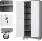 Aobabo 71" H x 32" W x 16" D Metal Storage Cabinet with Wheels, Garage Steel Storage Cabinet with 5 Adjustable Shelves and 4 Hooks for Home Office School, Assembly Required, Grey White