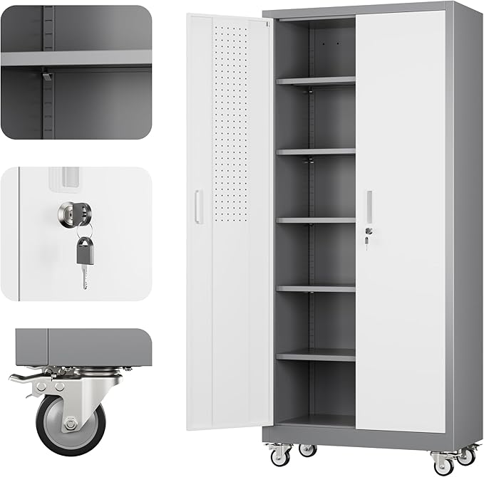 Aobabo 71" H x 32" W x 16" D Metal Storage Cabinet with Wheels, Garage Steel Storage Cabinet with 5 Adjustable Shelves and 4 Hooks for Home Office School, Assembly Required, Grey White
