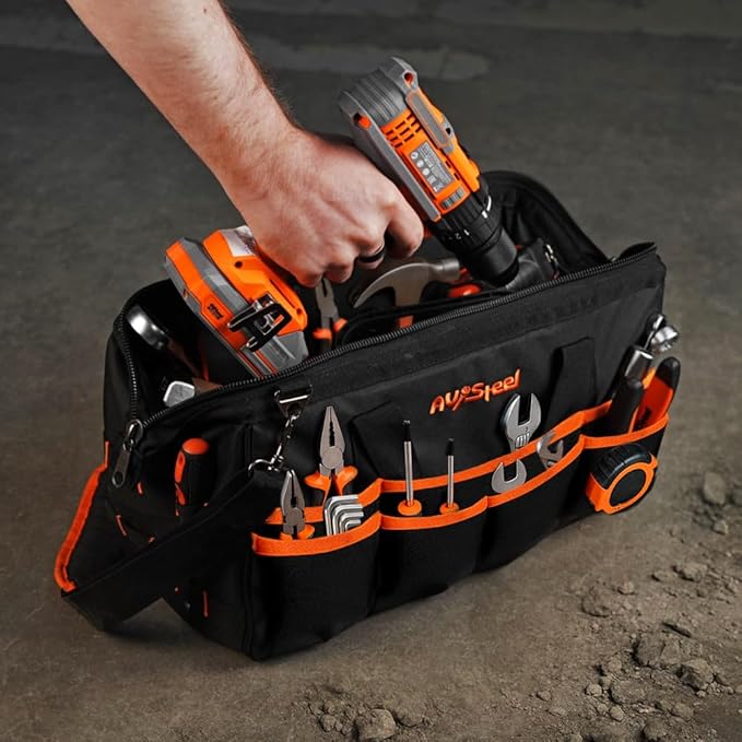 15 Inch Tool Bag with 16 Pockets Foldable Close Top Wide Mouth Tool Bag Organizer with Handle & Padded Adjustable Strap, Heavy Duty, Waterproof