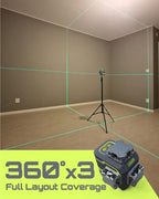 LG-3D Laser Level Self Leveling 3x360°, 3D Green Beam Cross Line Laser for Construction and Picture Hanging, 2 Rechargeable Batteries (20 Hrs), Magnetic Liftable Stand Included, Green