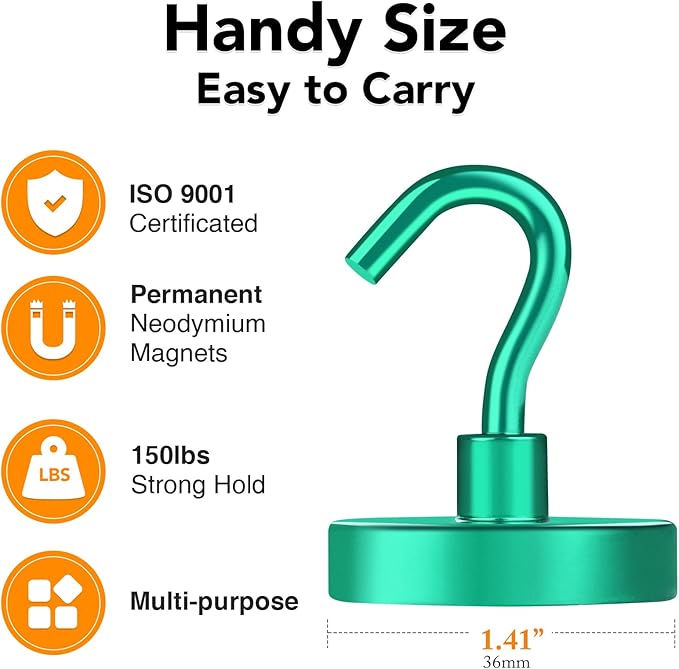 MIKEDE Magnetic Hooks Heavy Duty, 150LB Strong Magnet with Hook for Fridge, Super Neodymium Extra Strength Industrial Hooks for Toolbox, Cruise, Grill(Green,10 Pack)