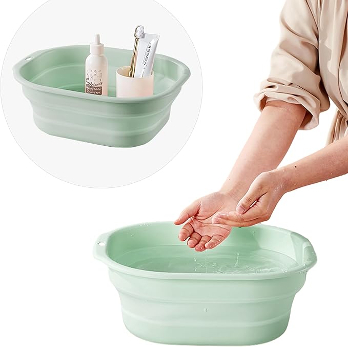 Collapsible Wash Basin Set of 2, Foldable Small Medium Size Wash Basin, Portable Plastic Basins for Laundry, Bottles, Travel, Camping (Green)