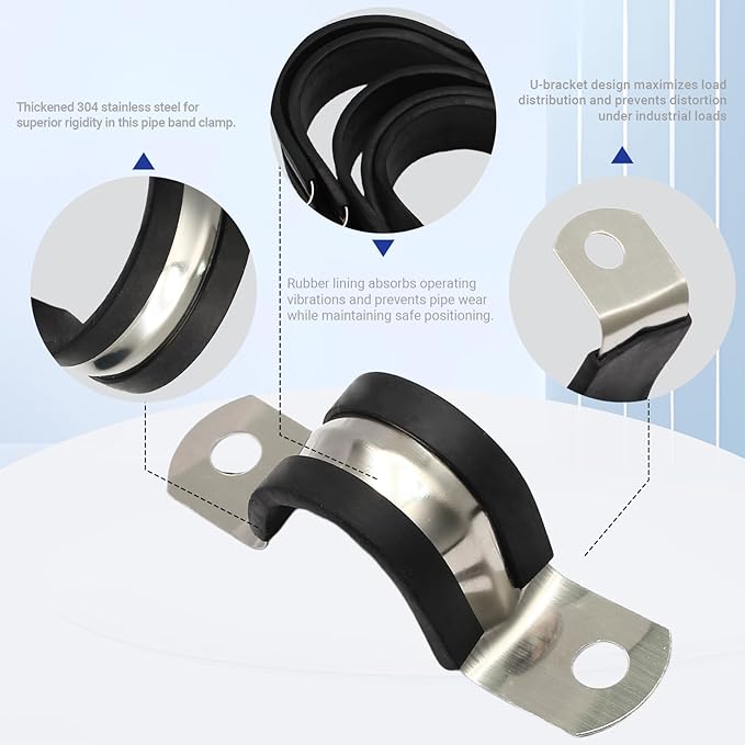 10PCS Reinforced Rigid Pipe Strap Clamp 3/4 Inch Conduit Clamp with Rubber Straps, Pipe Brackets for Mounting 2 Hole U Clamps Brackets Strap Hanger Tube Tension Clips Heavy Duty