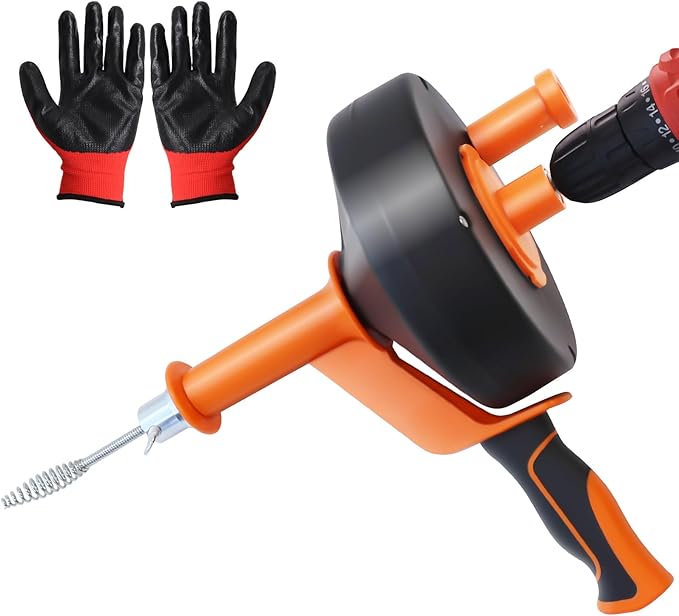 Drain Snake, 42FT Drain Auger with Drill Adapter, Plumbing Snake Clog Remover with Work Gloves, Manual or Powered Use for Kitchen, Sink, Sewer and Shower
