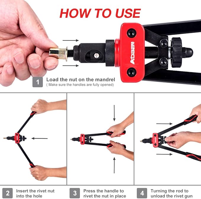 AOBEN 14" Rivet Nut Tool, Professional Hand Rivet Nut Setter Kit Labor-Saving and Compact Design Including 6 Interchangeable Mandrels 90pcs Rivnuts and 2 Mandrel Lock Pins