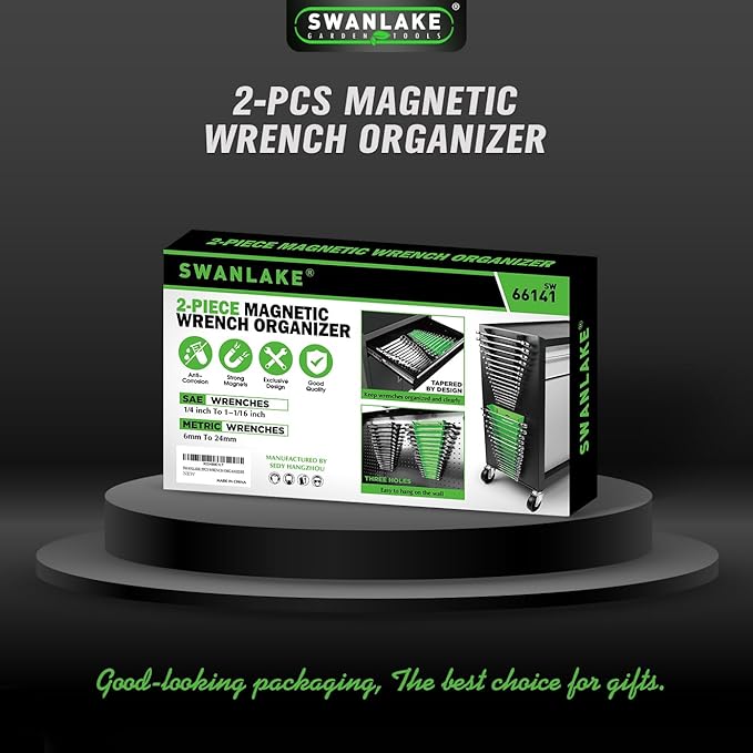 SWANLAKE GARDEN TOOLS Magnetic Wrench Organizer 2-Piece, 32-Slot Drawer Storage, SAE (1/4" to 1-1/16"), Metric (6mm to 24mm), Green and Black