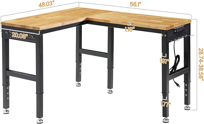 SPECRAFT 56"x48" L-Shaped Workbench with Power Strip, Adjustable Height Heavy Duty Work Table with Pegboard, 6000LBS Load Capacity, Industrial Wood Top Workstation for Garage, Workshop, Home Office
