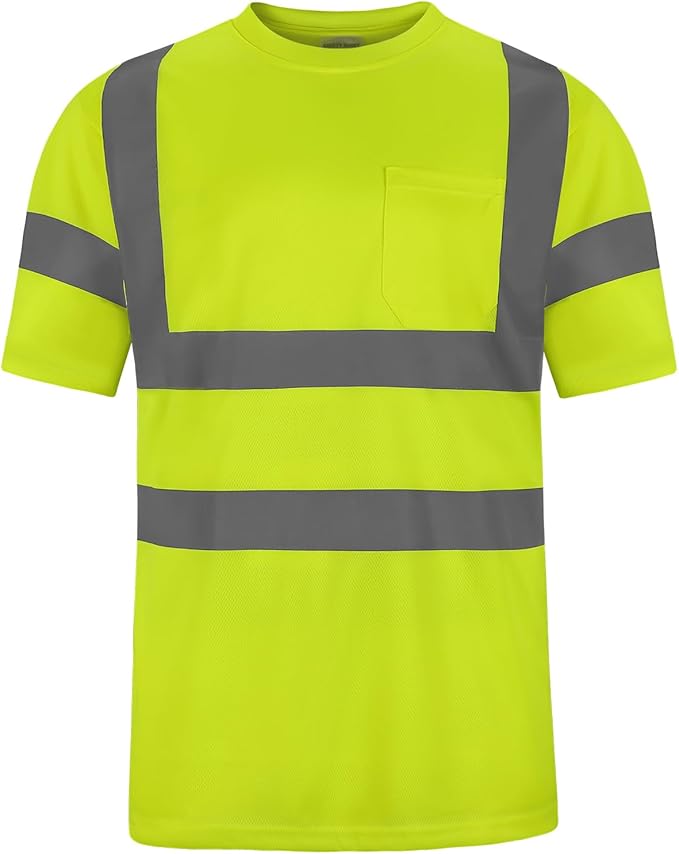 High Visibility Class 3 T Shirts，Hi Vis Safety Shirts with Reflective Strips and Pocket, Short Sleeve Quick Dry Mesh Construction Work Shirt for Men/Women Lime,Small