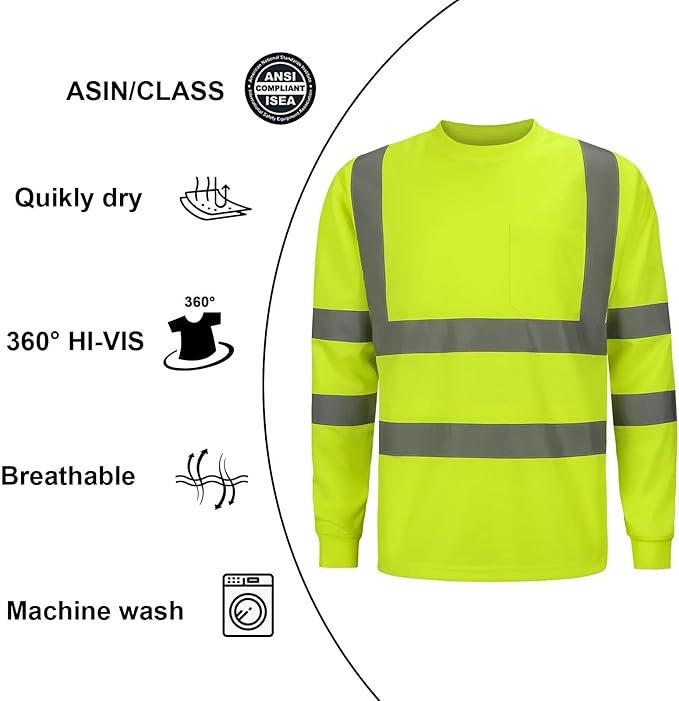Hioh Visibility Class 3 T Shints, Hi vis Safety Shits with Refective Strips and Pocket ong Sleeve Quick Dry Mesh Construction Work Shirt for wenwomen Lime.4XL