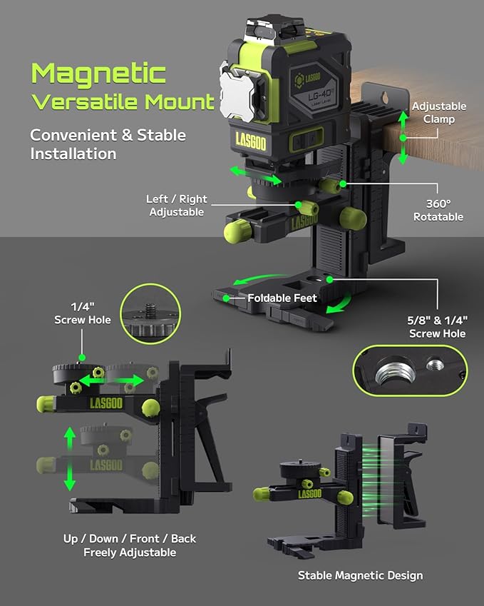 4x360° Self-Leveling Laser Level, 16 Lines Green Cross Line Laser, for Construction Projects and Home Decoration, with 2 Rechargeable Li-Ion Batteries and Magnetic Bracket, LG-4Ds