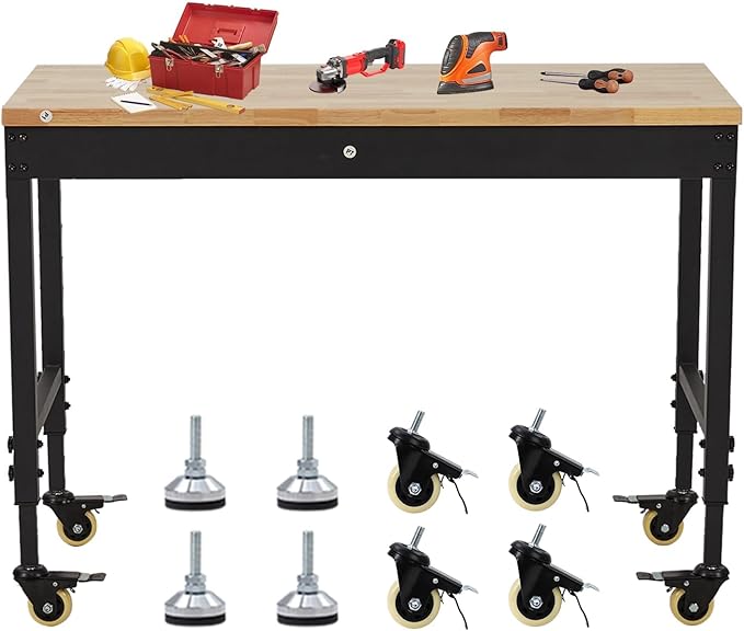 Work Bench 48" Adjustable Height, Heavy-Duty Portable Workbench with Power Outlets for Garage & Workshop, 2000 LBS Load Capacity, Work Table for Office, Home, Easy Assembly