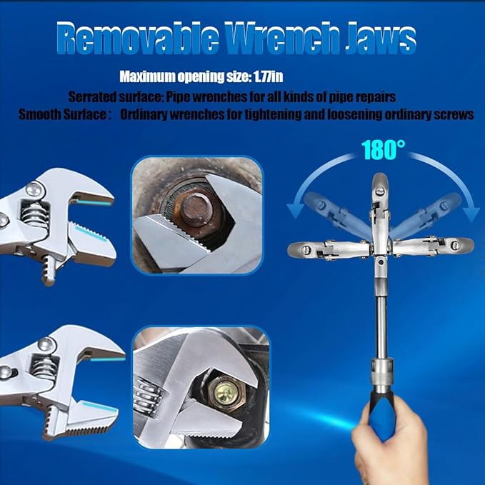 Flex Head Adjustable Wrench, 10-12.4 inch Flexible Retractable Ratchet Crescent Wrench, 180° Rotable for Use in Tight Spaces, Pipe Repair