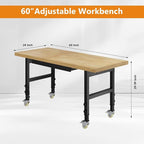 60" Work Bench with Wheels, Adjustable Height Workbench with Drawers, Heavy-Duty Work Table with Power Outlets, 2000 LBS Capacity Workstation for Garage, Workshop, Office, Home