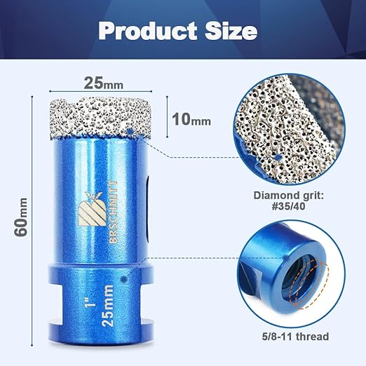 1 Inch Diamond Core Drill Bit for Porcelain Tile Ceramic Marble Granite Drilling,BRSCHNITT 2pcs Vacuum Brazed Diamond Hole Saw with 5/8-11 Thread (25mm 2pcs)
