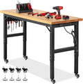 Workbench for Garage Adjustable Height 60 x 22 Inch Work Table with Wheels Heavy Duty Rubberwood Tabletop Workbench with Pegboard, Power Outlets for Woodworking Shop, Home, Office