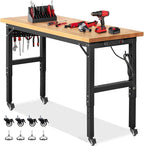 Workbench for Garage Adjustable Height 60 x 22 Inch Work Table with Wheels Heavy Duty Rubberwood Tabletop Workbench with Pegboard, Power Outlets for Woodworking Shop, Home, Office