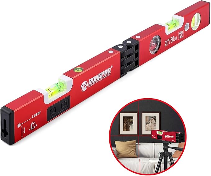 20Inch Foldable Magnetic Level-with 30Ft Laser Leveling Line and 90°/180°Bubbles,Multi-function Leveler Tool for Woodworking,Picture Hanging,Home Renovation and Construction