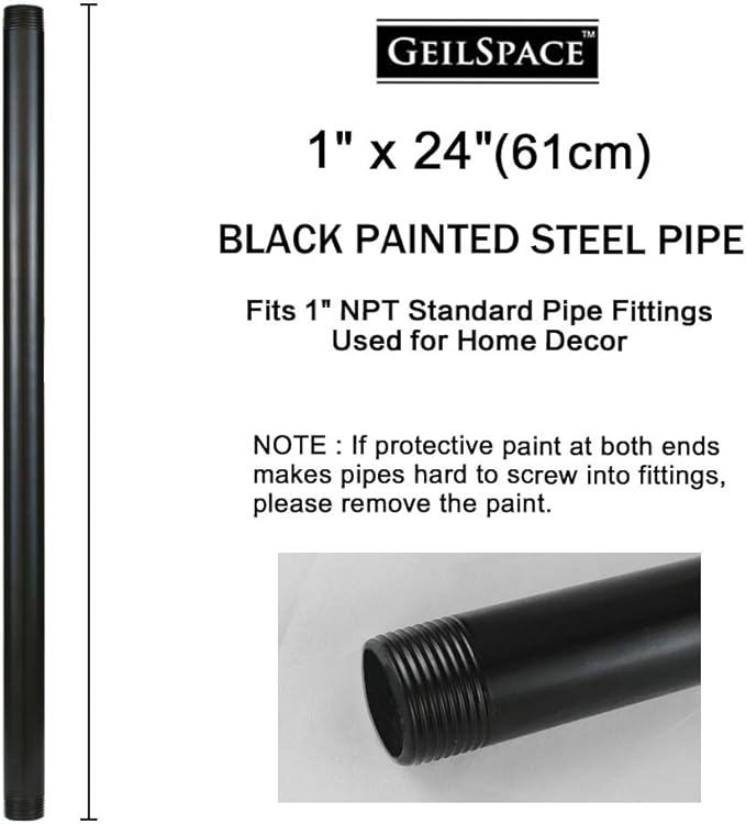GeilSpace 1" × 24" Pre-Cut Black Metal Pipe, Industrial Steel Fits Standard One Inch Black Threaded Pipes and Fittings - Vintage DIY Industrial Shelving (1" × 24")