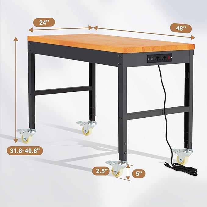 HABUTWAY Height Adjustable Workbench with Wheels 48" x 24" 2000 Lbs Capacity Solid Wood Work Station Heavy-Duty Rolling Work Tables for Garage Party Shop Office