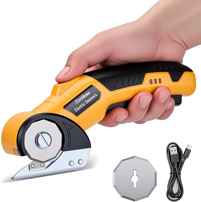 Electric Scissors, Cardboard Cutter with 2 Blades, Safety Lock & LED Light – Cordless Electric Scissors for Cutting Box, Carpet, Fabric, Plastic, and Leather