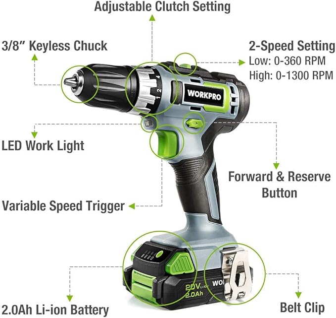 WORKPRO 20V Cordless Drill/Driver Kit, 3/8”, 18+2 Torque Setting, Variable Speed, 2.0 Ah Li-ion Battery and 1 Hour Fast Charger
