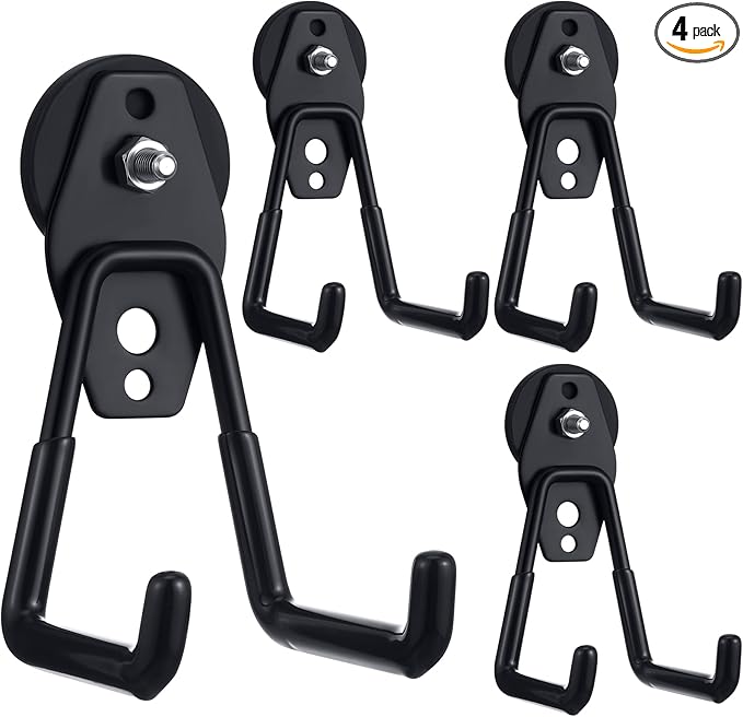 Landhoow Large Magnetic Hooks Heavy Duty Garage Magnet Hooks Strong Storage Utility Magnetic Hangers with Anti Slip Rubber Coating for Indoor and Outdoor Hanging(Black,4 Pcs)